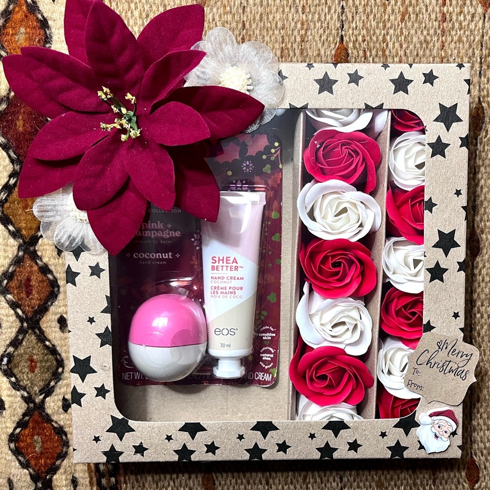 14 Rose Bath Body Flower Floral Soap + EOS Hand Lotion and  chapstick Gift Set.